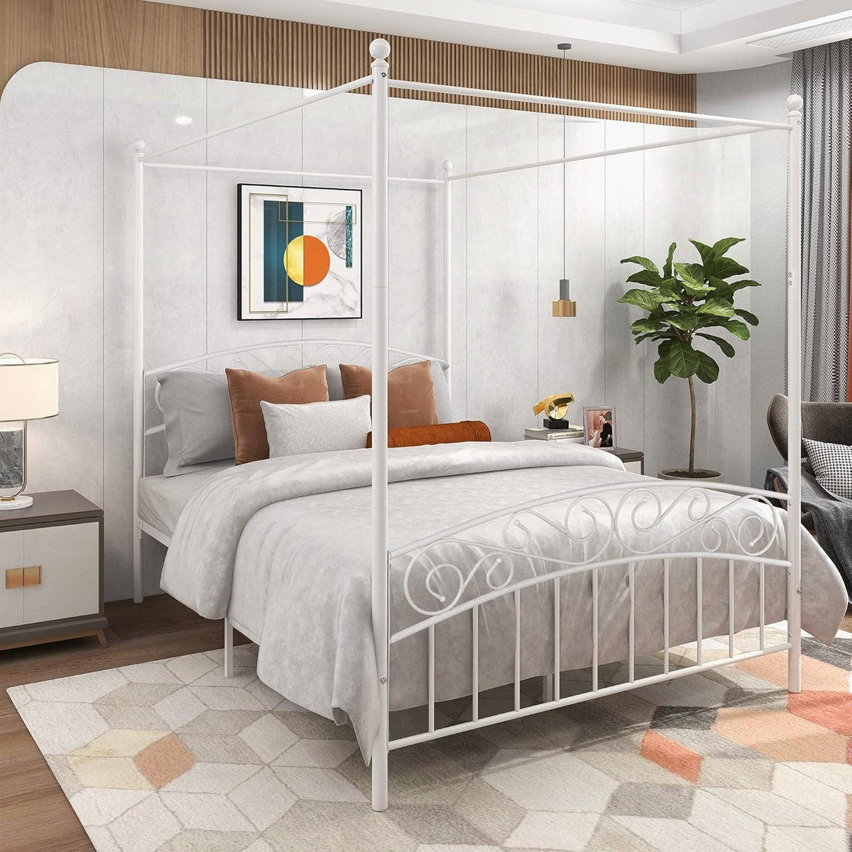 Queen Size Metal Canopy Bed with Headboard M2794