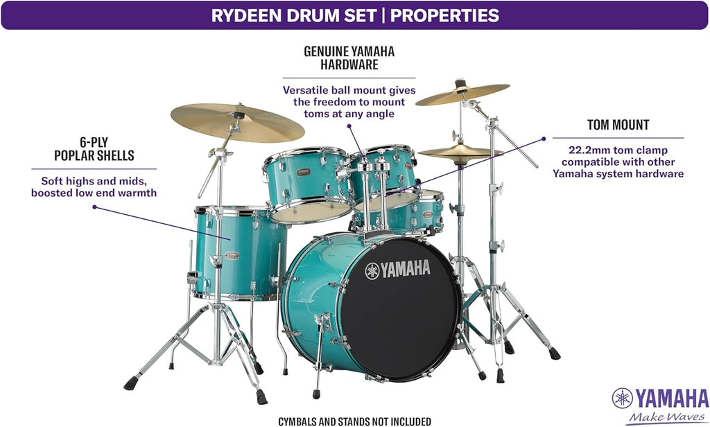 5-Piece Drum Set with 22" Bass Drum, Floor Tom, 2 Toms, Wood Snare Drum, Turquoise Glitter T741