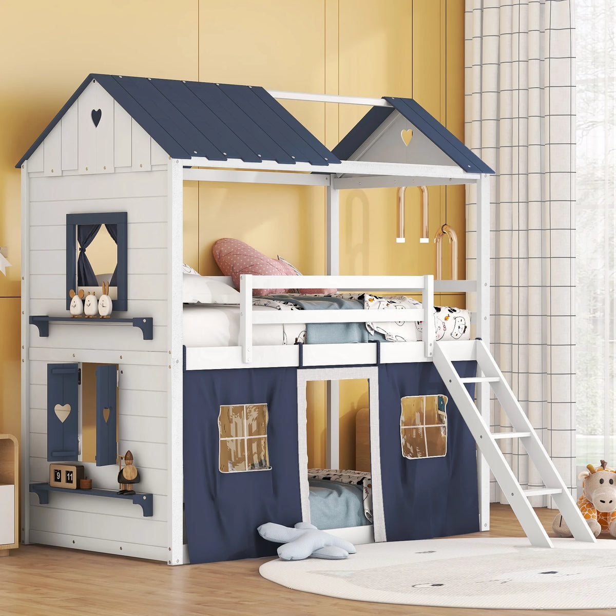Twin Over Twin Wood House Bunk Bed with Tent X5662