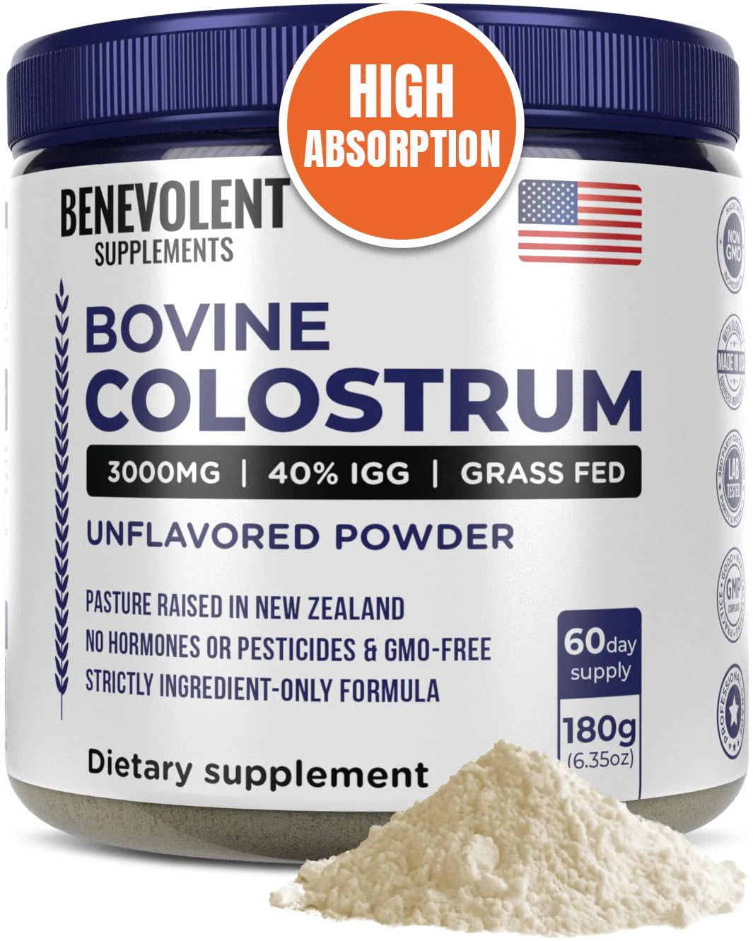 Bovine Colostrum Powder Supplement 3000mg 40% IgG Unflavored Grass Fed 60 servings A41748