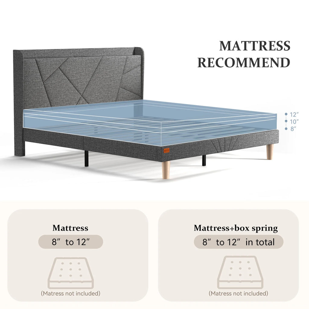 Queen Upholstered Platform Bed Frame with Wingback Storage Headboard E492420