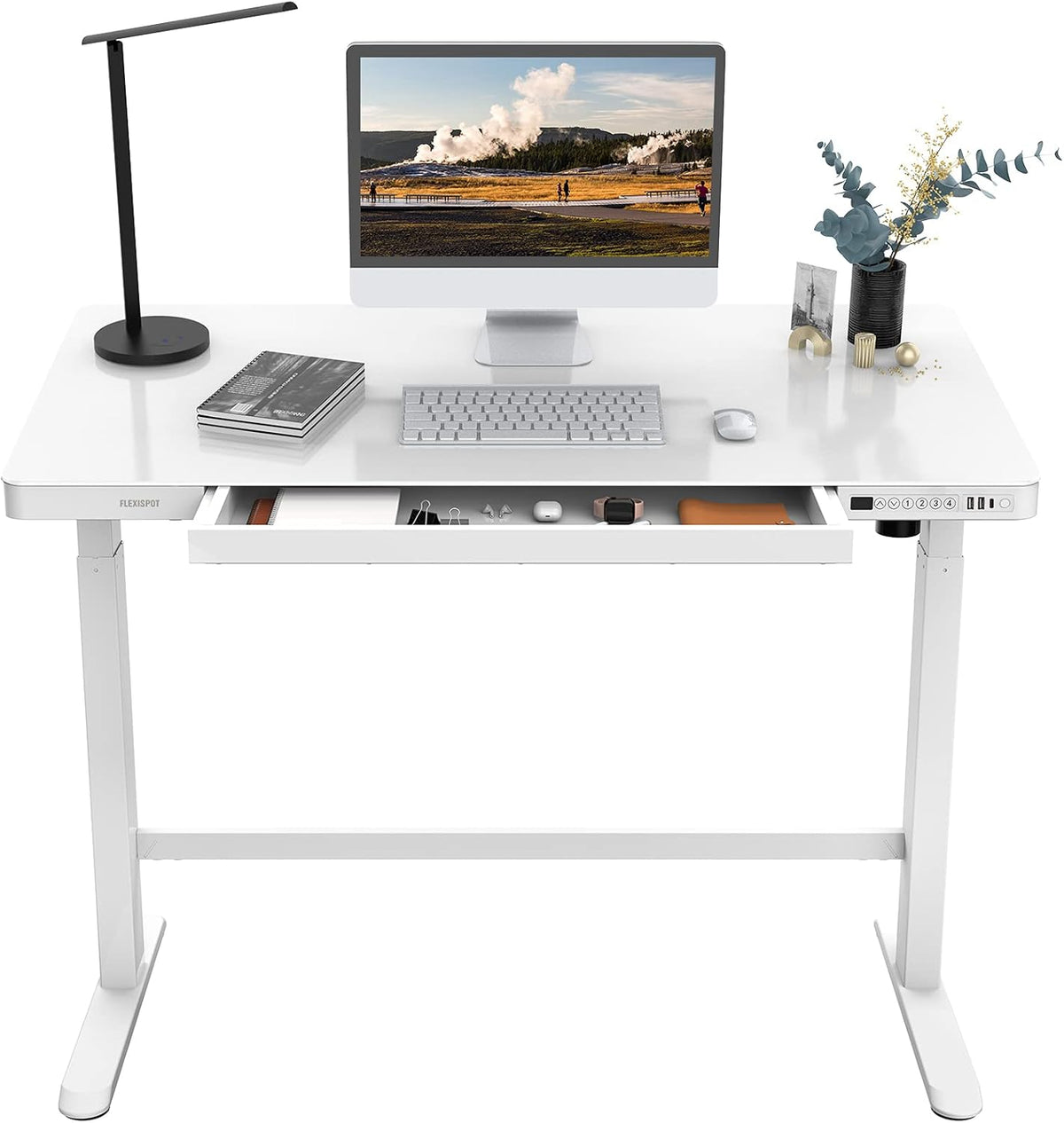 Electric Height Adjustable Standing Desk with Drawers 48 Inches Red Oak Desktop White Frame Q12258