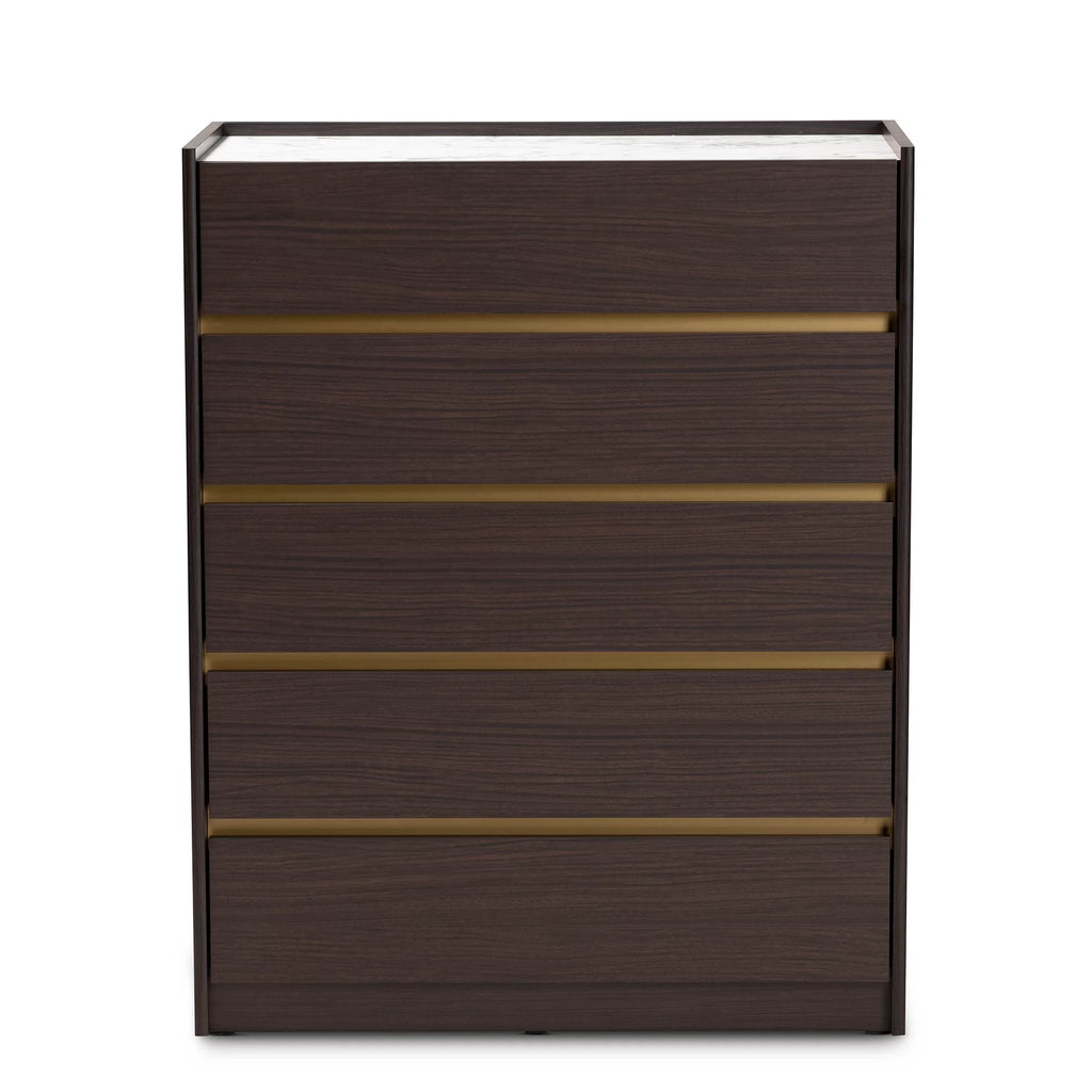 Dark Brown and Gold 5-Drawer Wood Chest with Faux Marble Top S10372