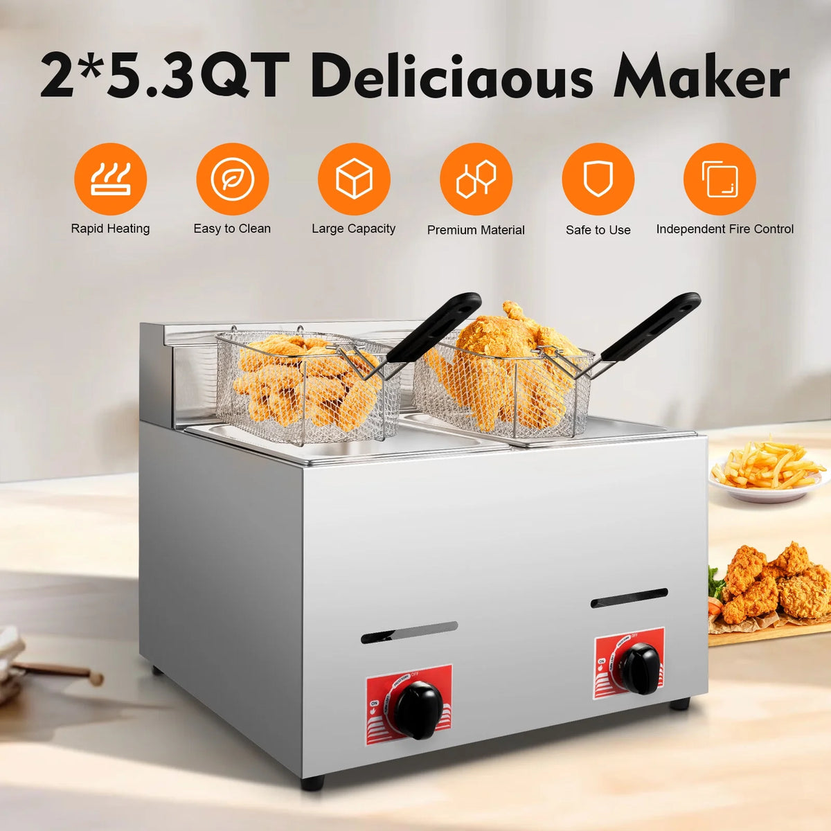 Stainless Steel 6L x 2 Dual Tank Gas Fryer with 2 Baskets and Lids H78190