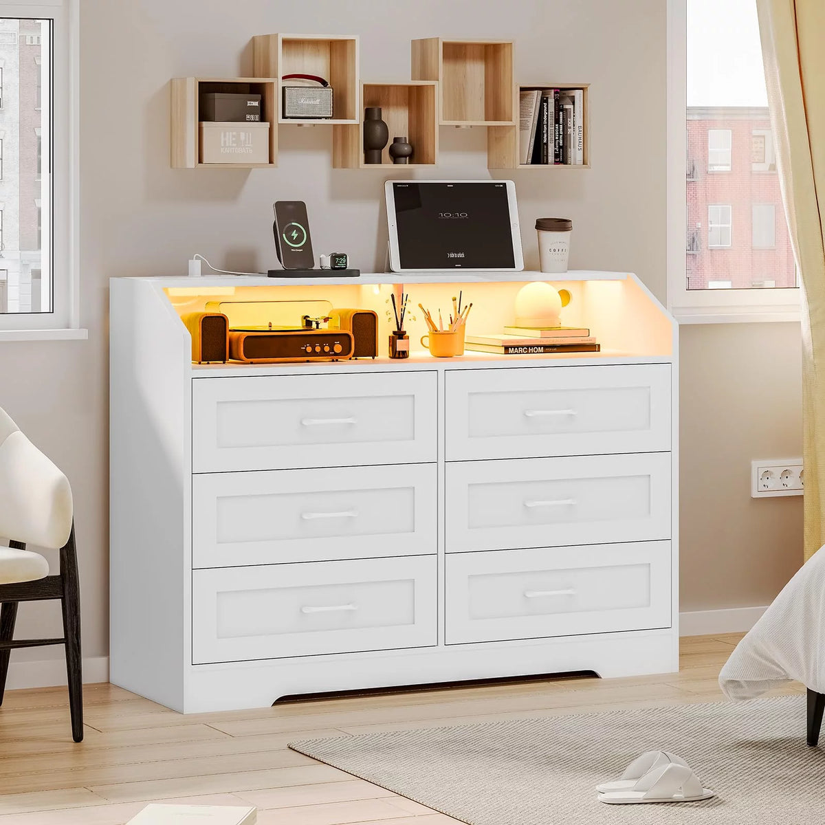 White 6 Drawer Dresser with LED Lights and Charging Station R446
