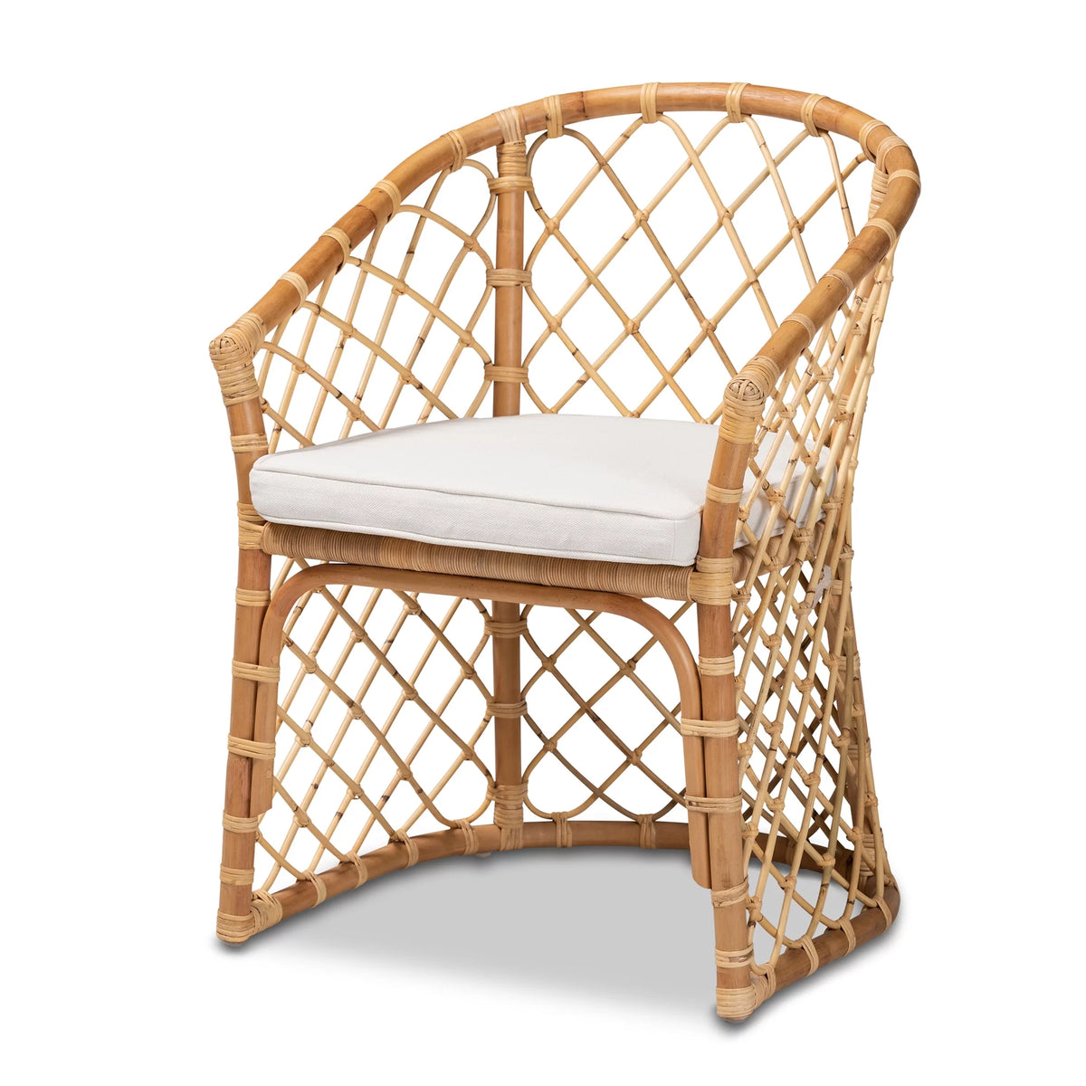 White Fabric Upholstered Natural Brown Rattan Dining Chair I4038