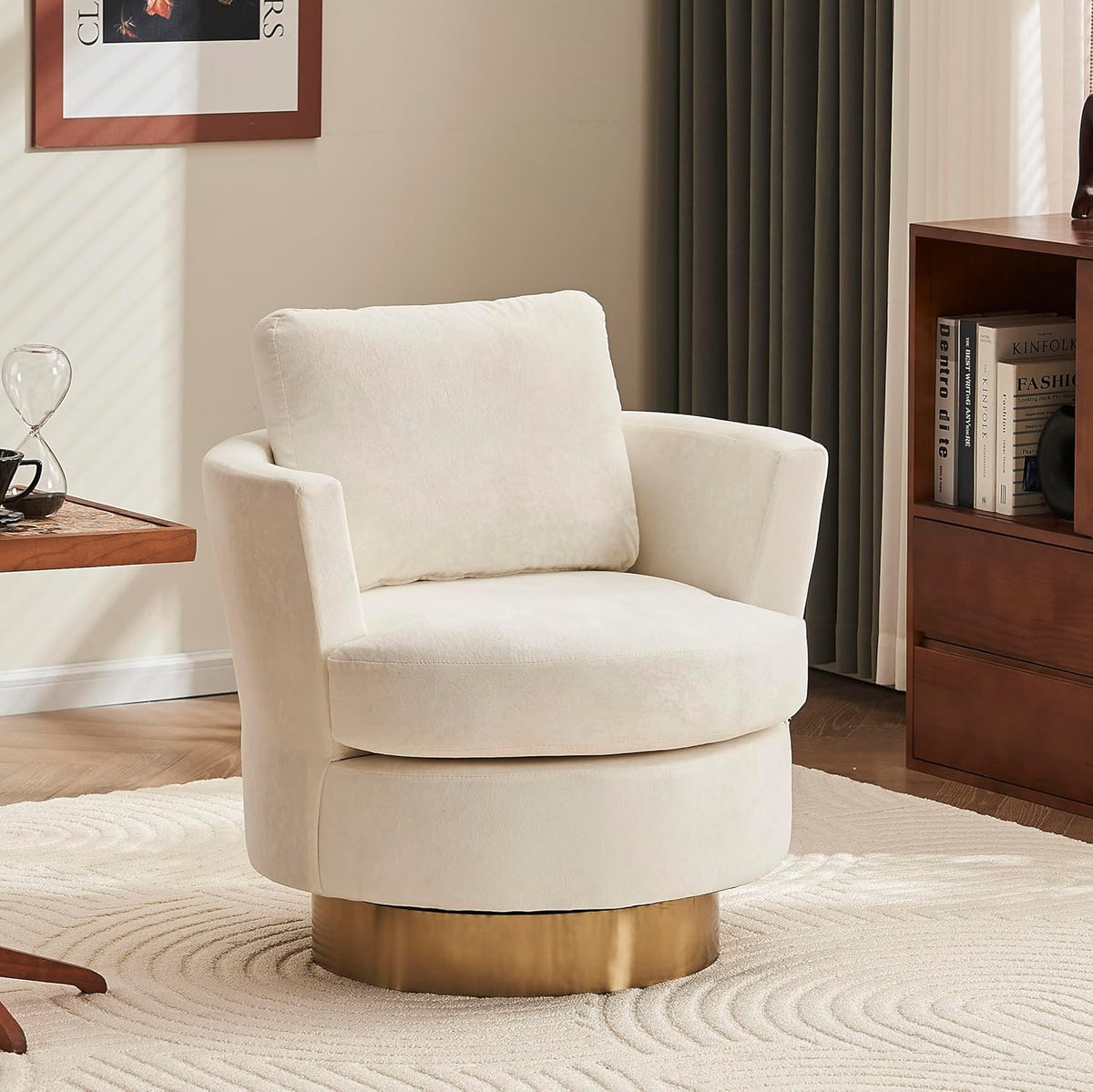 Beige Velvet Swivel Barrel Chair with Gold Stainless Steel Base Y20248