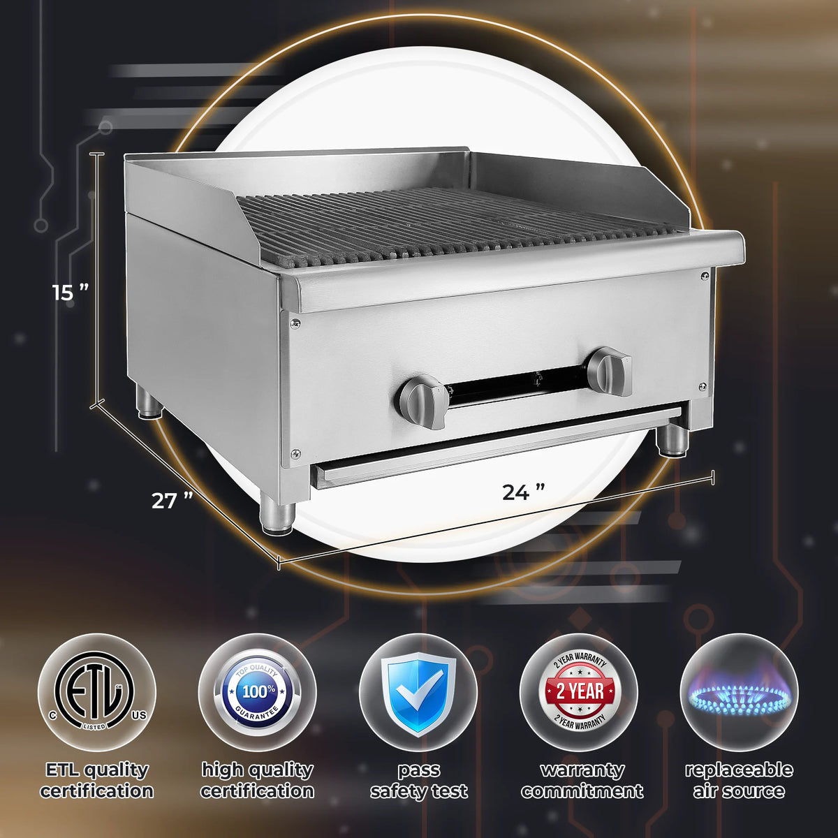 24" Commercial Natural Gas Lava Rock Charbroiler 2 Burners 56,000 BTU Stainless Steel Radiant Broiler Q82700
