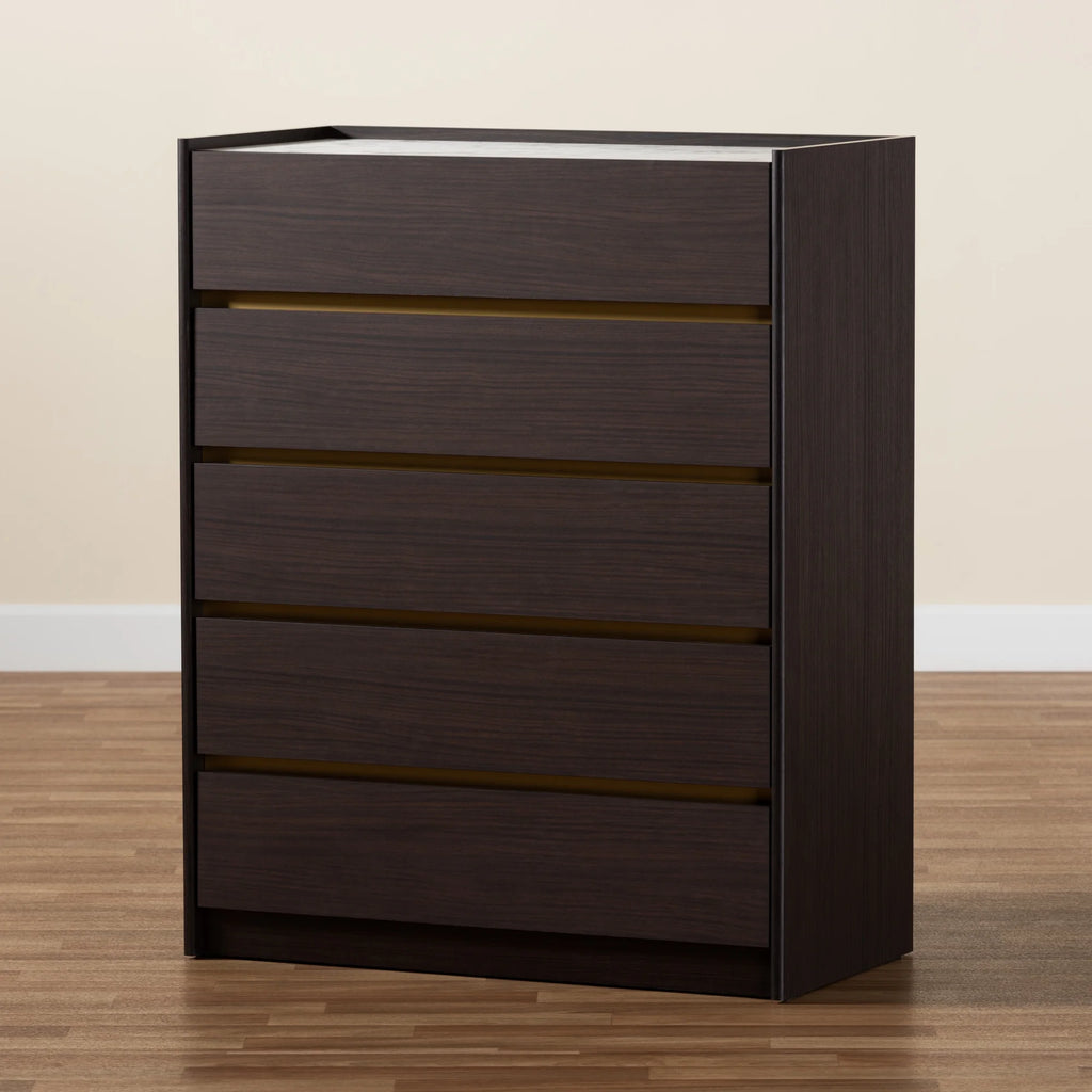 Dark Brown and Gold 5-Drawer Wood Chest with Faux Marble Top S10372