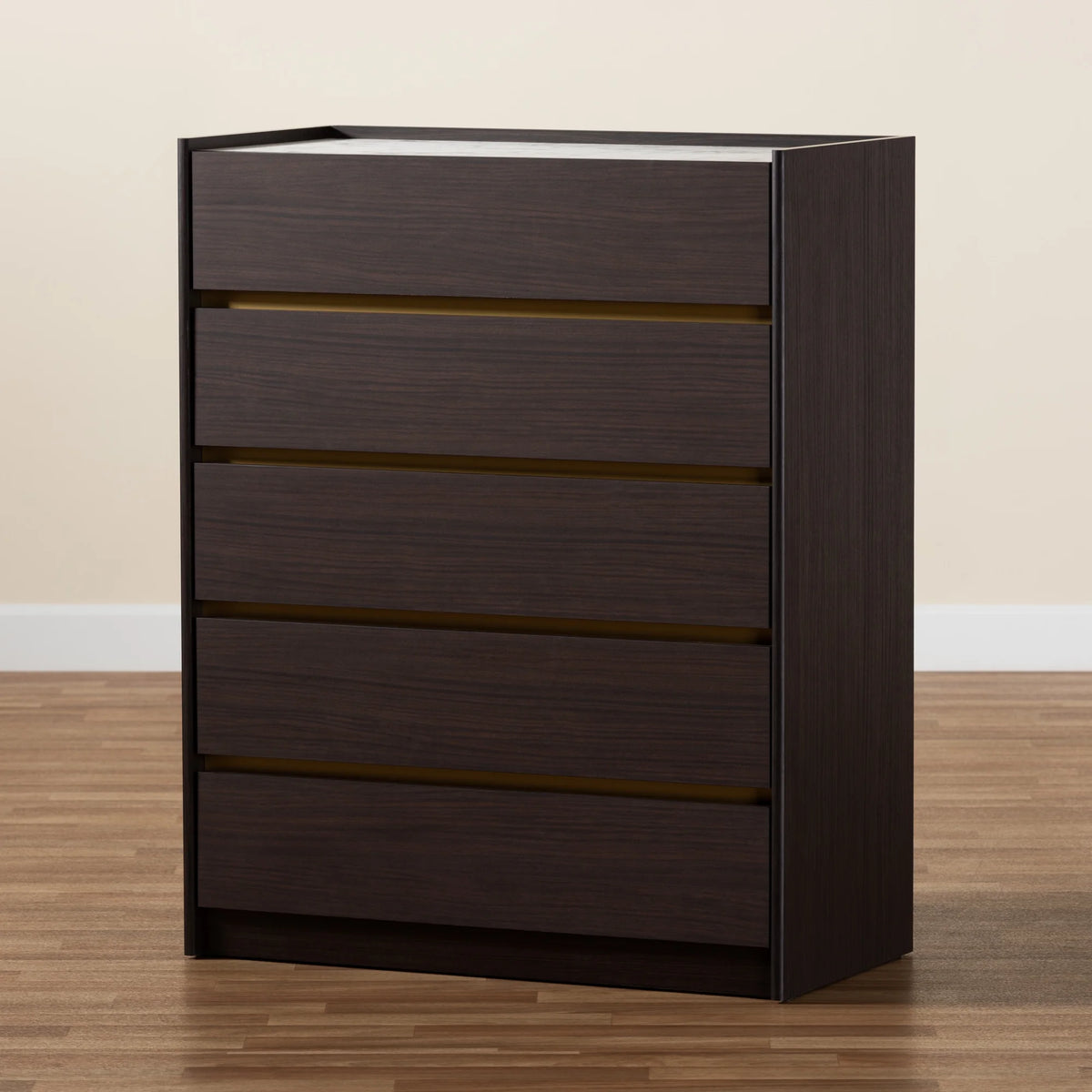 Dark Brown and Gold 5-Drawer Wood Chest with Faux Marble Top S10372