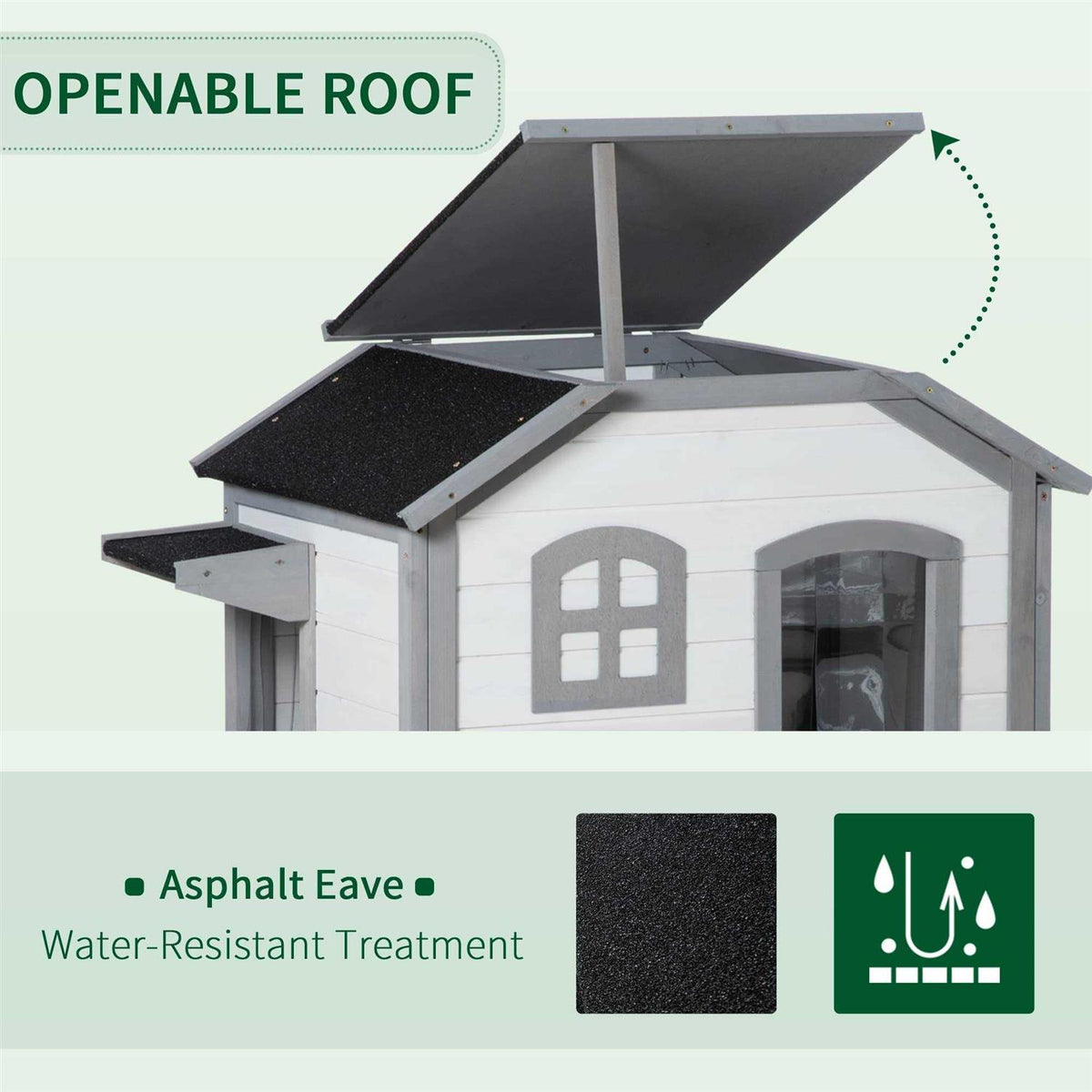 Wooden 2-Story Outdoor Cat House with Escape Door and Openable Roof Platforms F8894