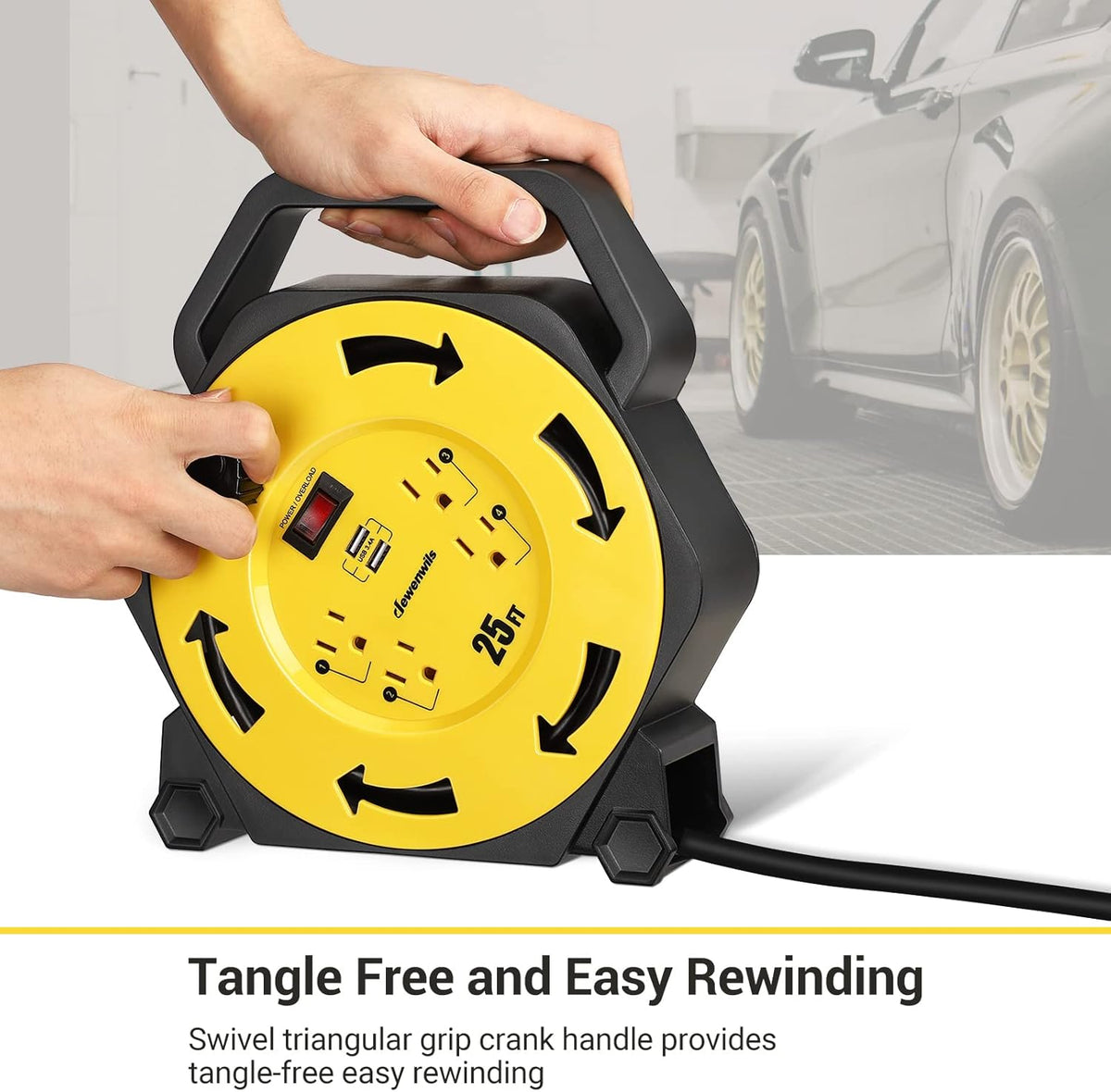 25FT Retractable Extension Cord Reel with 4 Outlets and 2 USB Ports T609