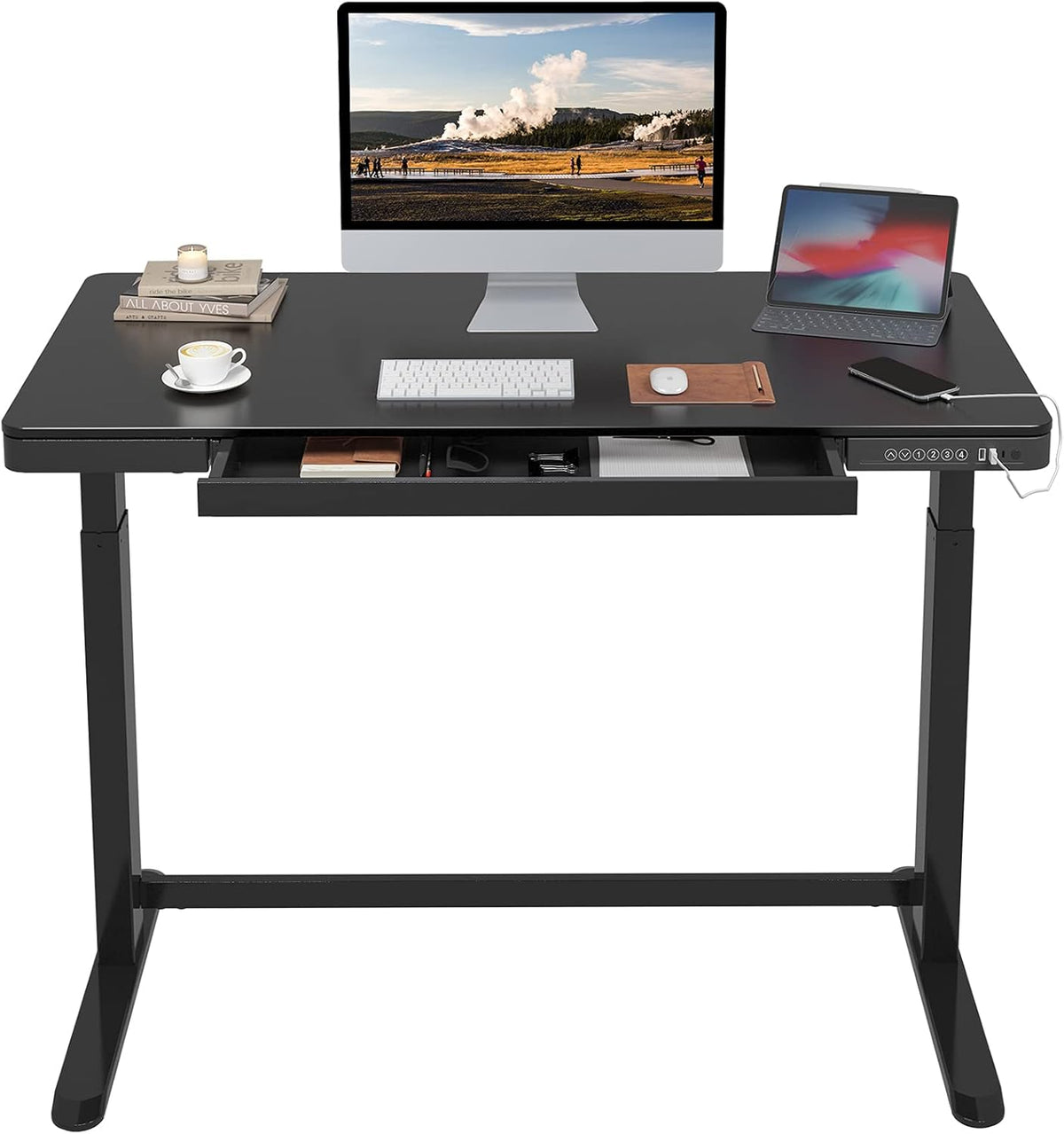 Electric Height Adjustable Standing Desk with Drawers 48 Inches Red Oak Desktop White Frame Q12258