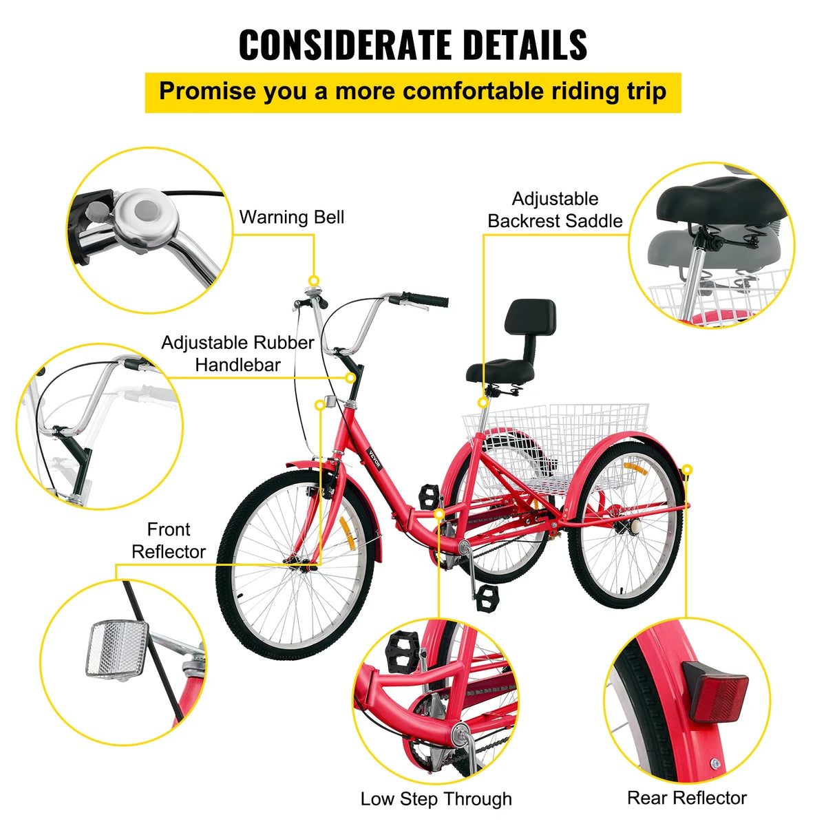 Foldable Tricycle 24 inch Wheels Red Trike with Basket Z8797