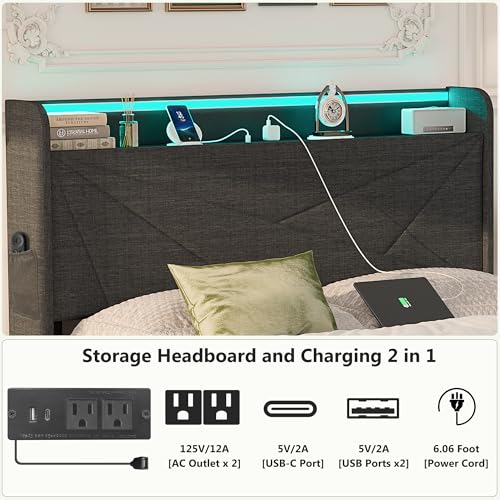 Queen Bed Frame with Storage Drawers and Charging Station, Upholstered Platform Bed Frame with LED Light and Type-C & USB Ports T832