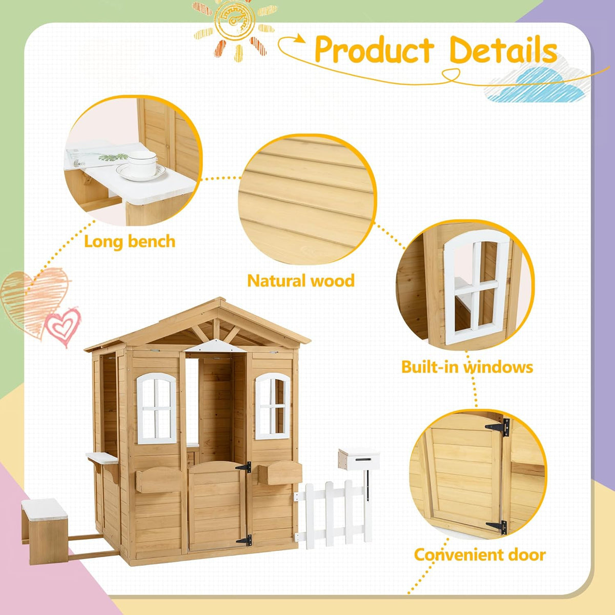 Wooden Playhouse with Door, Windows, Mailbox, Bench, Flowers Pot Holder, 39" x 38" x 55.5" Q183896