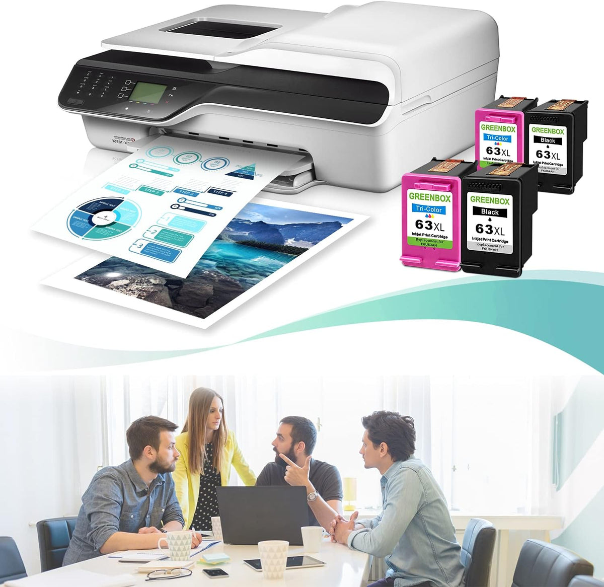 Remanufactured Ink Cartridge 63 for HP Printer (2 Black 2 Tri-Color) A5357