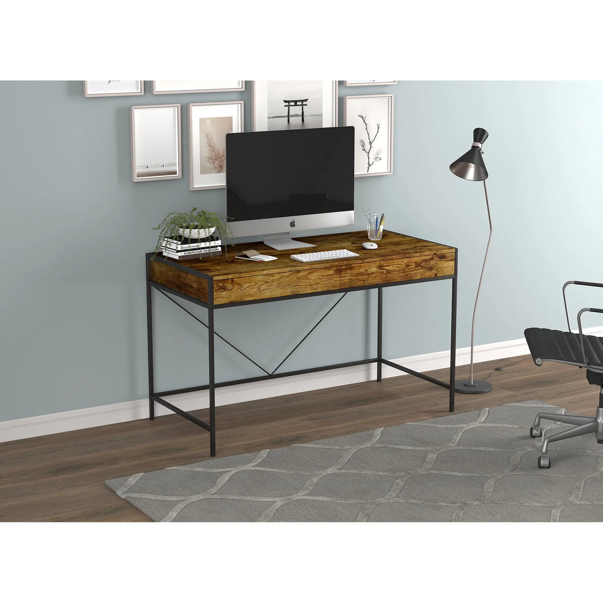 49"L 2-Drawers Black Metal Computer Desk V180