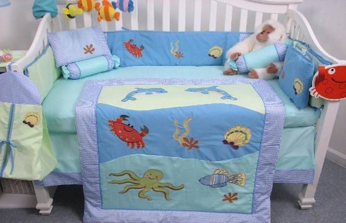 Dolphins Baby Crib Nursery Bedding Set 13 Pcs with Diaper Bag J235022