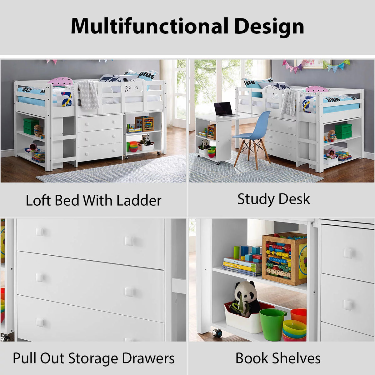 White Twin Size Low Loft Bed with Desk and Storage O8446
