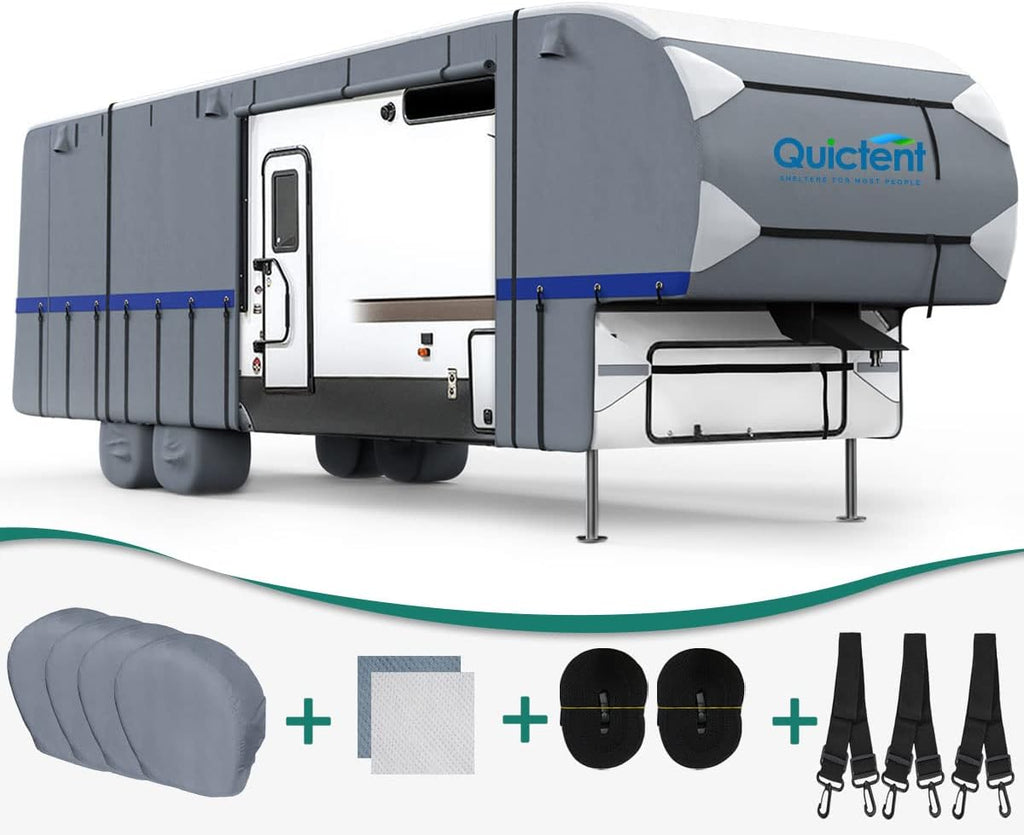 5th Wheel RV Cover, Extra-Thick 6-ply Camper Cover, Fits 26 - 29Ft Motorhome, Breathable Waterproof Rip-Stop Anti-UV, 2 Windproof Straps, 4 Tire Covers J6587