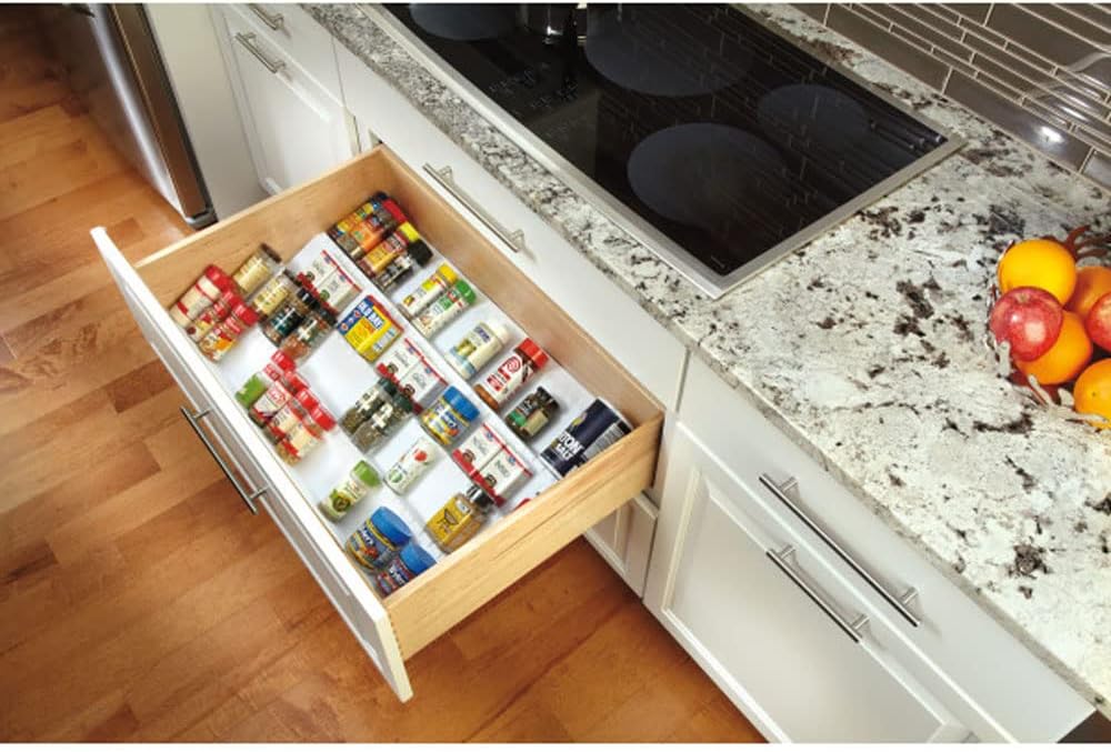 Almond Polymer Kitchen Spice Cabinet Drawer Organizer Insert Tray with Tiered Configuration P4726