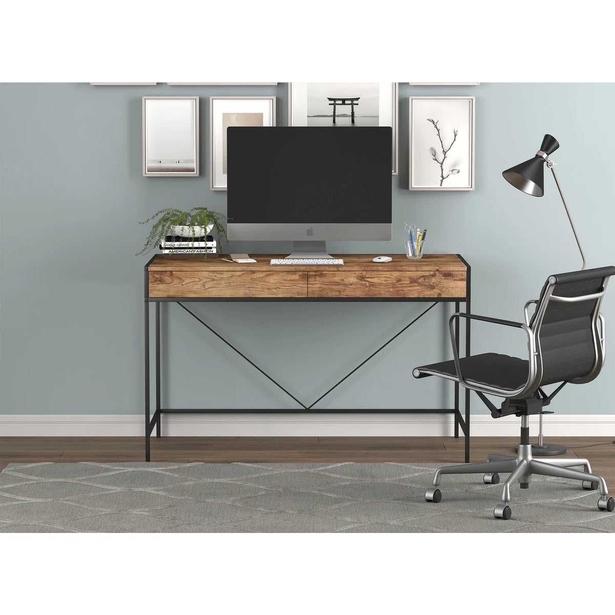 49"L 2-Drawers Black Metal Computer Desk V180