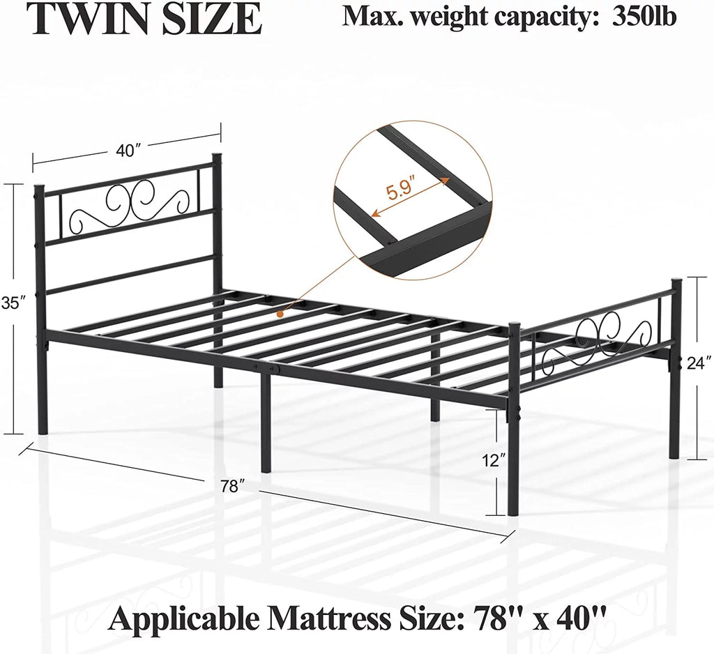 Twin Size Black Metal Platform Bed Frame with Headboard L6534