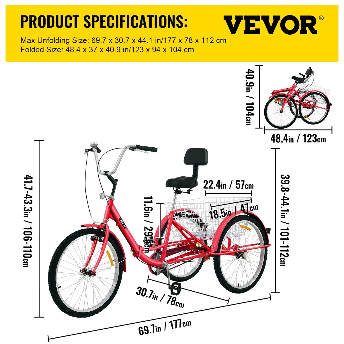 Foldable Tricycle 24 inch Wheels Red Trike with Basket Z8797
