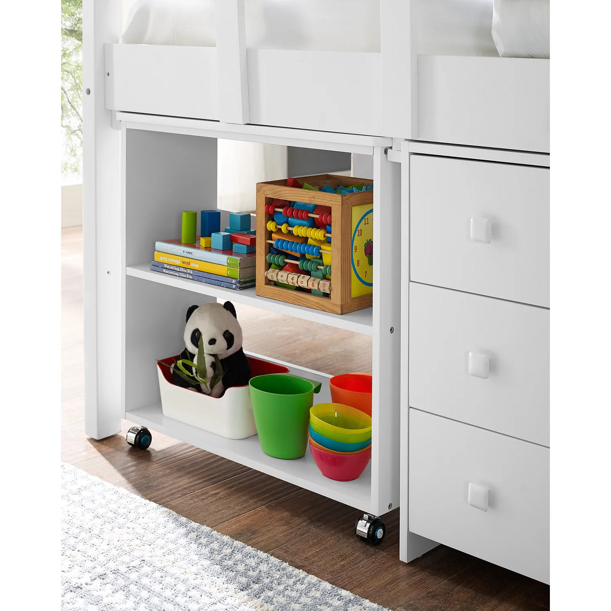 White Twin Size Low Loft Bed with Desk and Storage O8446