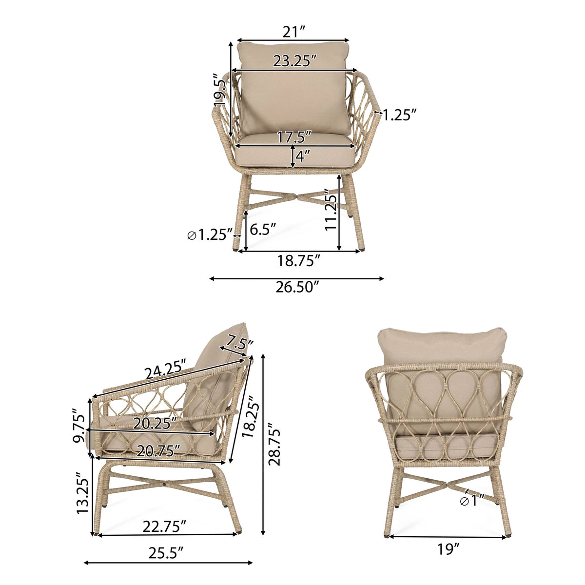 Light Brown and Beige Wicker Club Chairs with Cushions, Set of 2 K602
