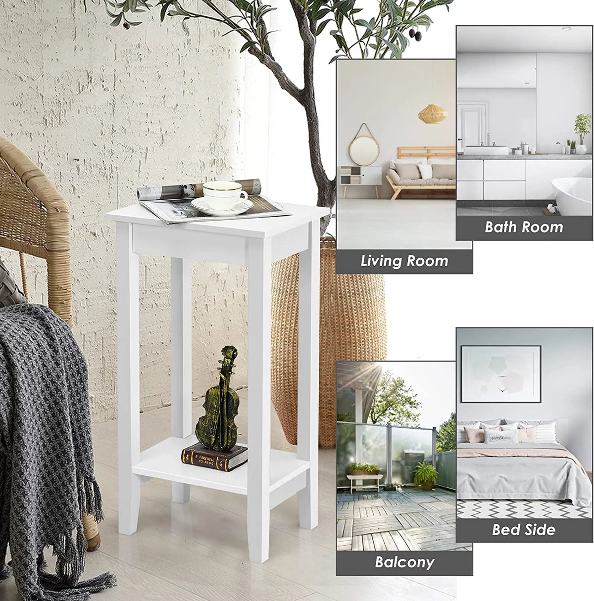 2-Tier End Table with Shelf and Wooden Legs, White V2753