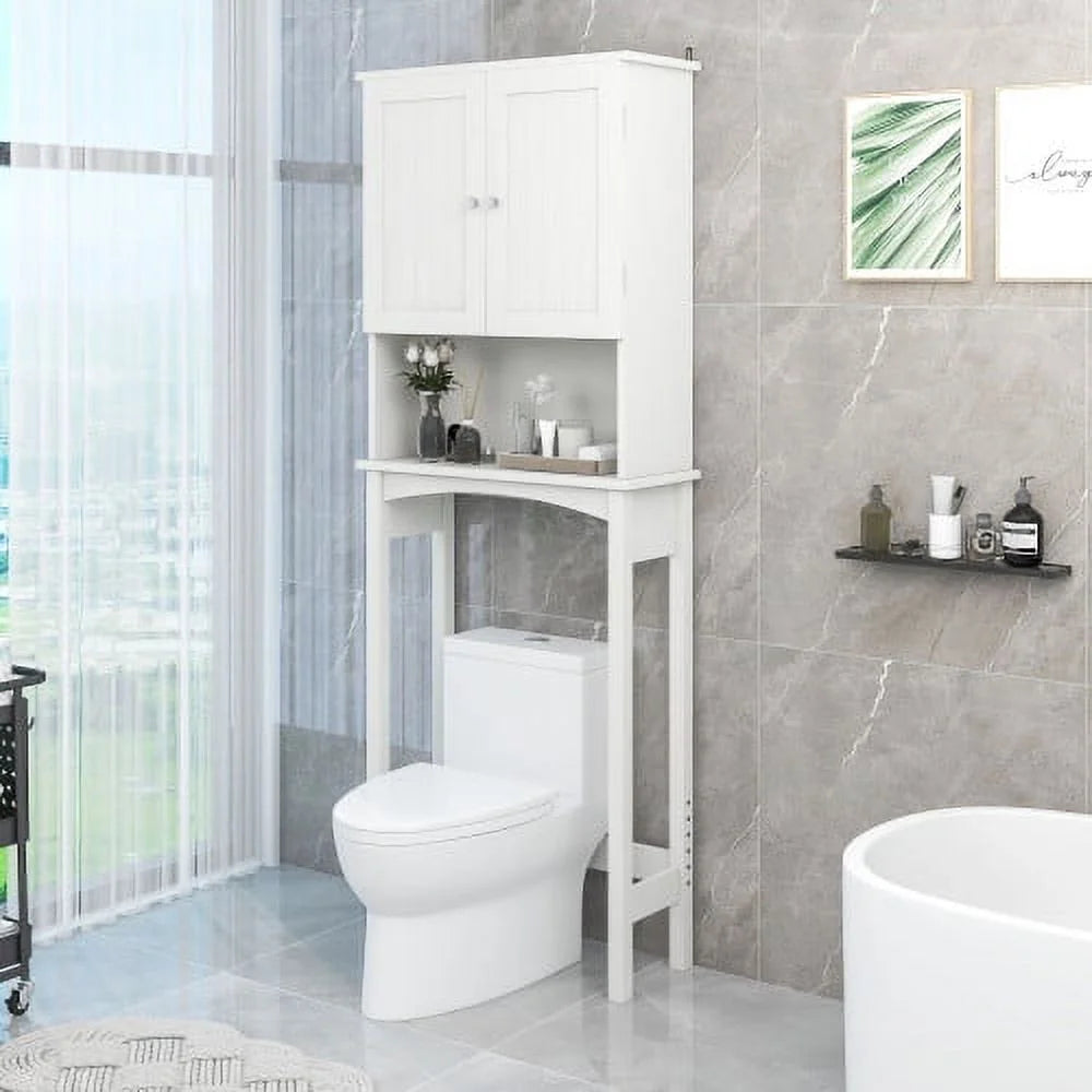 White Over-The-Toilet Bathroom Cabinet with Shelf and Two Doors P1044