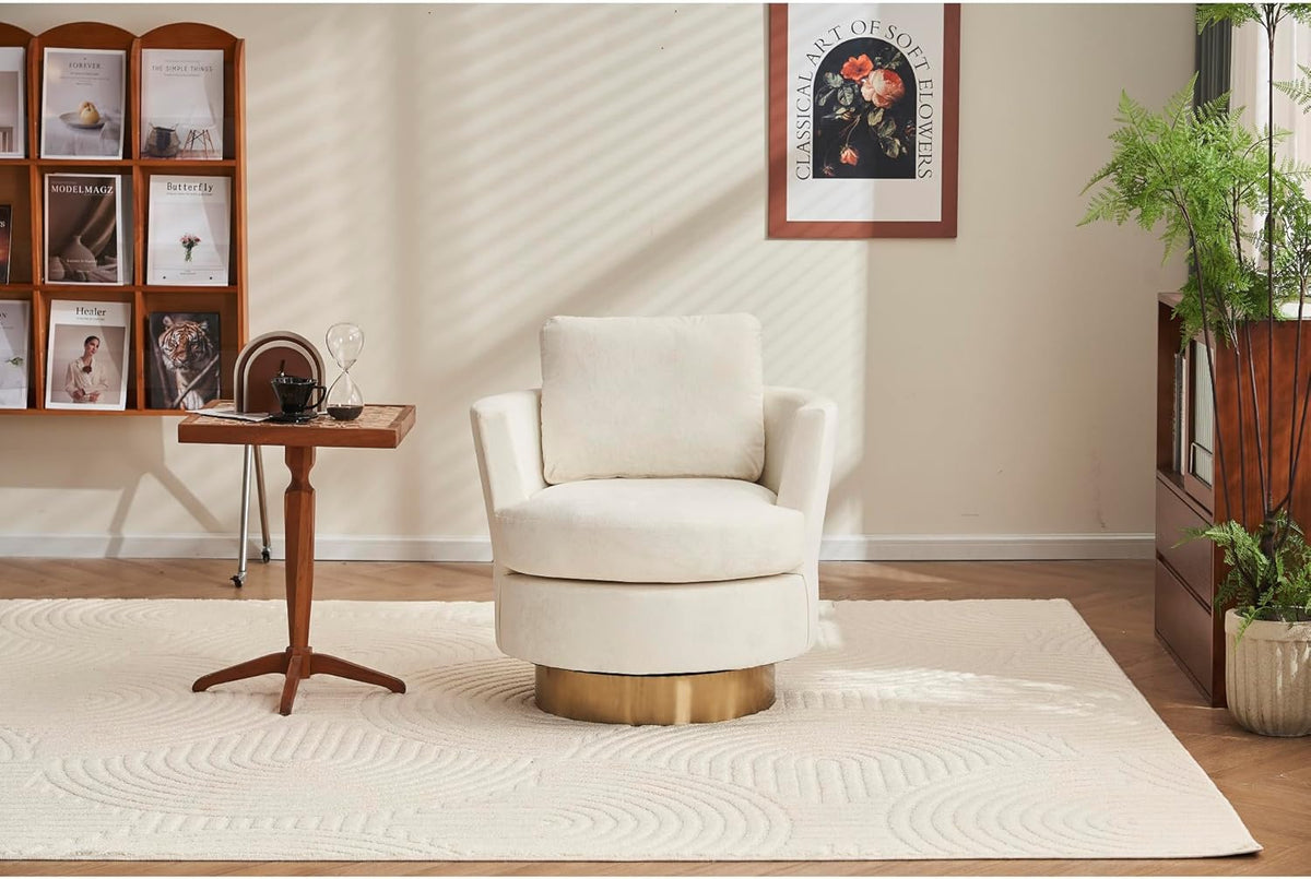 Beige Velvet Swivel Barrel Chair with Gold Stainless Steel Base Y20248