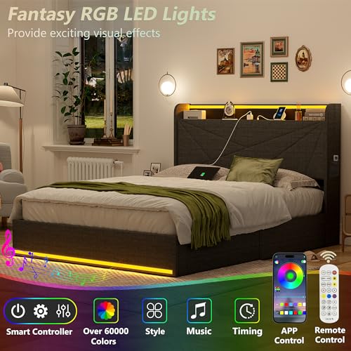 Queen Bed Frame with Storage Drawers and Charging Station, Upholstered Platform Bed Frame with LED Light and Type-C & USB Ports T832