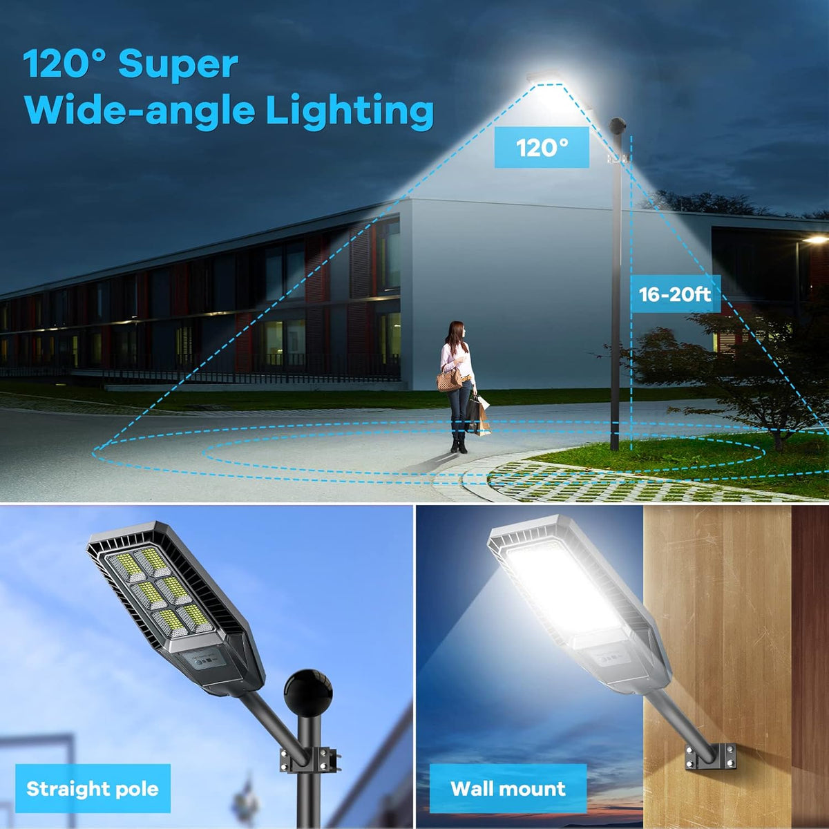 300W 2Packs LED Solar Street Lights IP66 Waterproof 30000LM 6500K Dusk to Dawn with Motion Sensor and Remote Control D4844
