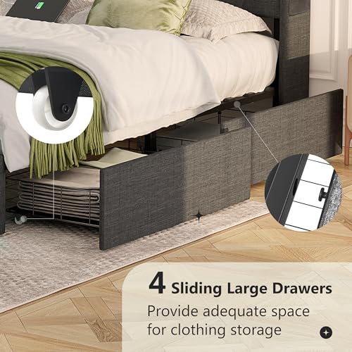 Queen Bed Frame with Storage Drawers and Charging Station, Upholstered Platform Bed Frame with LED Light and Type-C & USB Ports T832