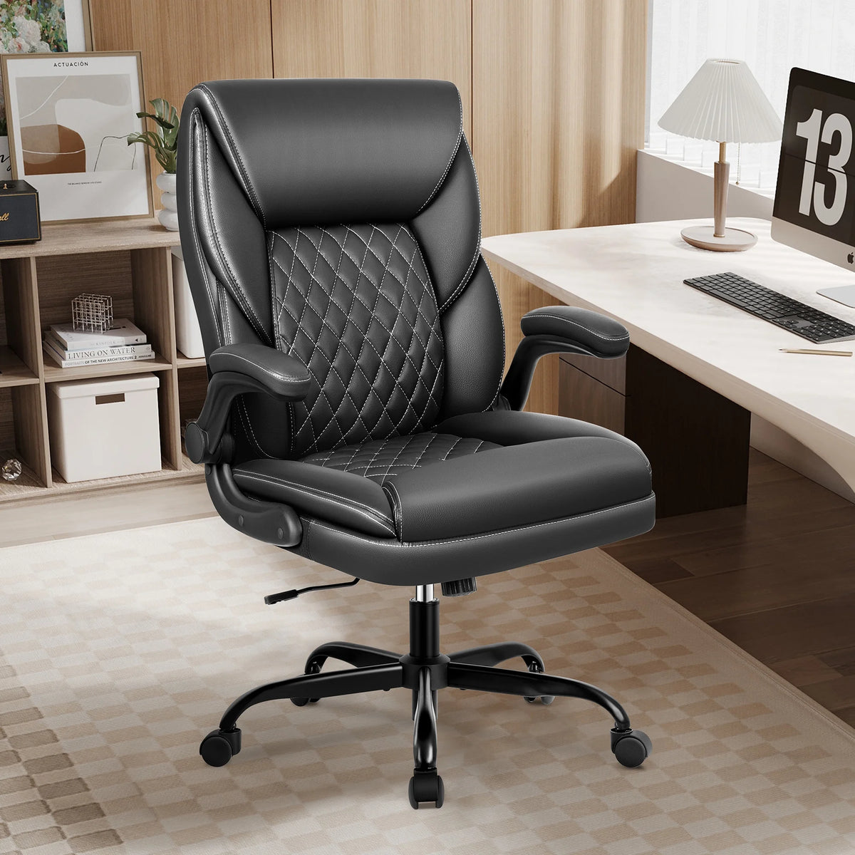 Executive Leather Ergonomic Office Chair with Flip-Up Arms F8532