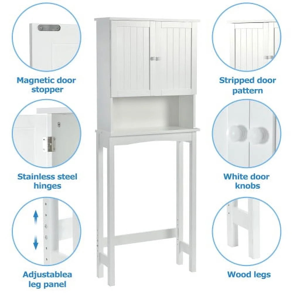 White Over-The-Toilet Bathroom Cabinet with Shelf and Two Doors P1044