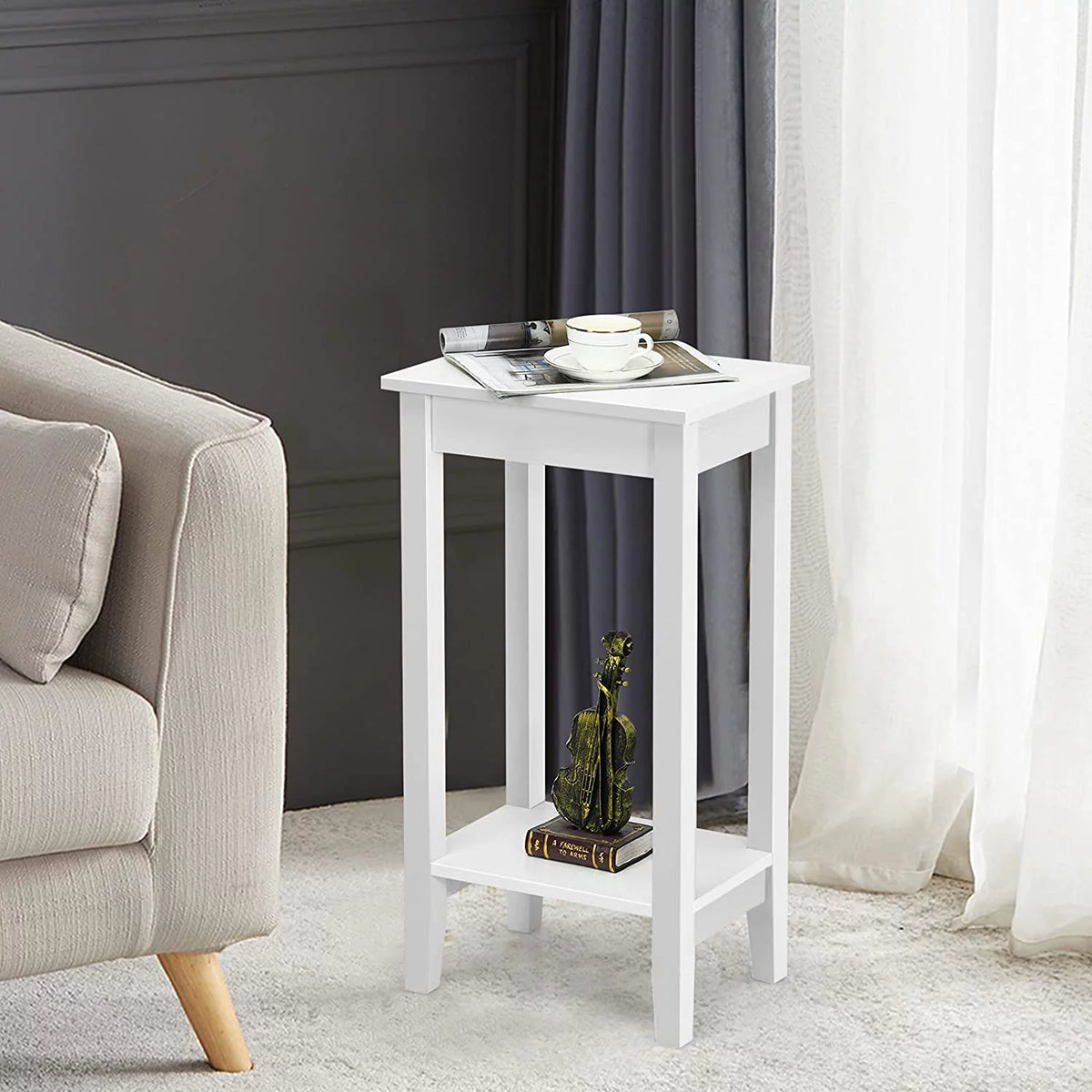 2-Tier End Table with Shelf and Wooden Legs, White V2753