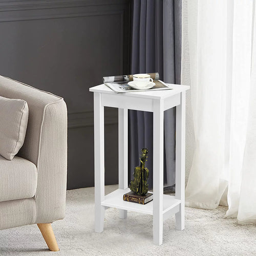 2-Tier End Table with Shelf and Wooden Legs, White V2753