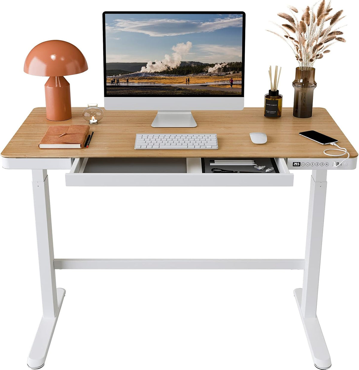Electric Height Adjustable Standing Desk with Drawers 48 Inches Red Oak Desktop White Frame Q12258