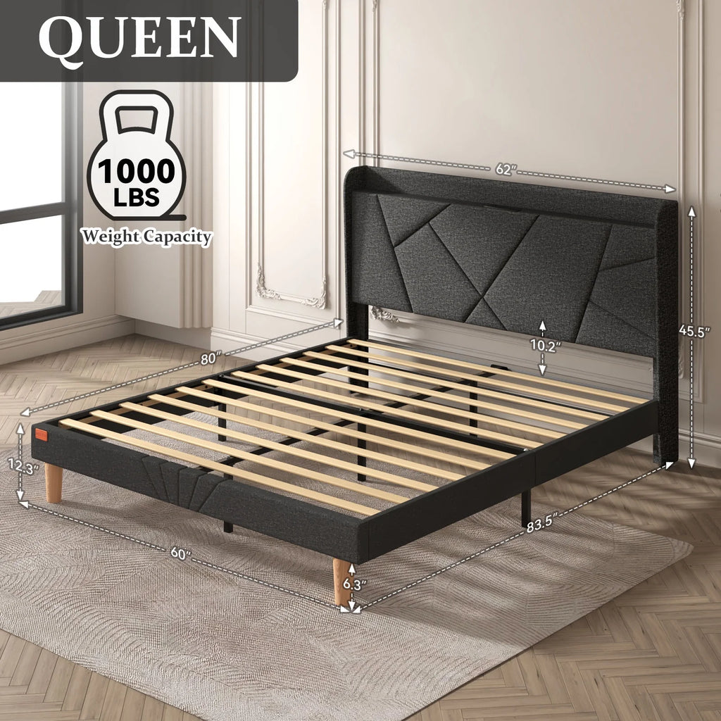 Queen Upholstered Platform Bed Frame with Wingback Storage Headboard E492420
