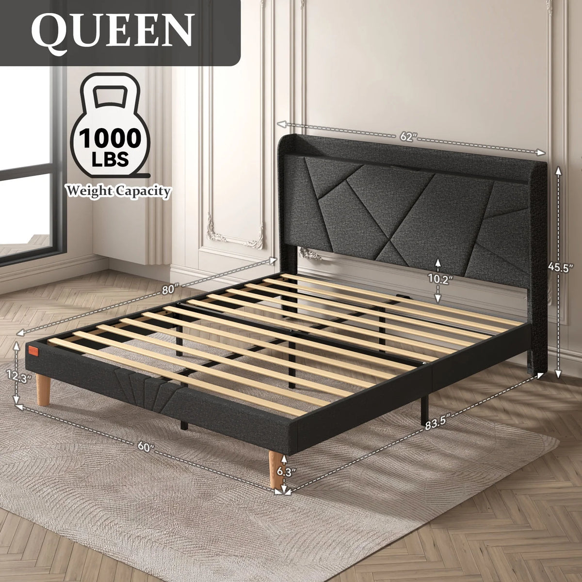 Queen Upholstered Platform Bed Frame with Wingback Storage Headboard E492420