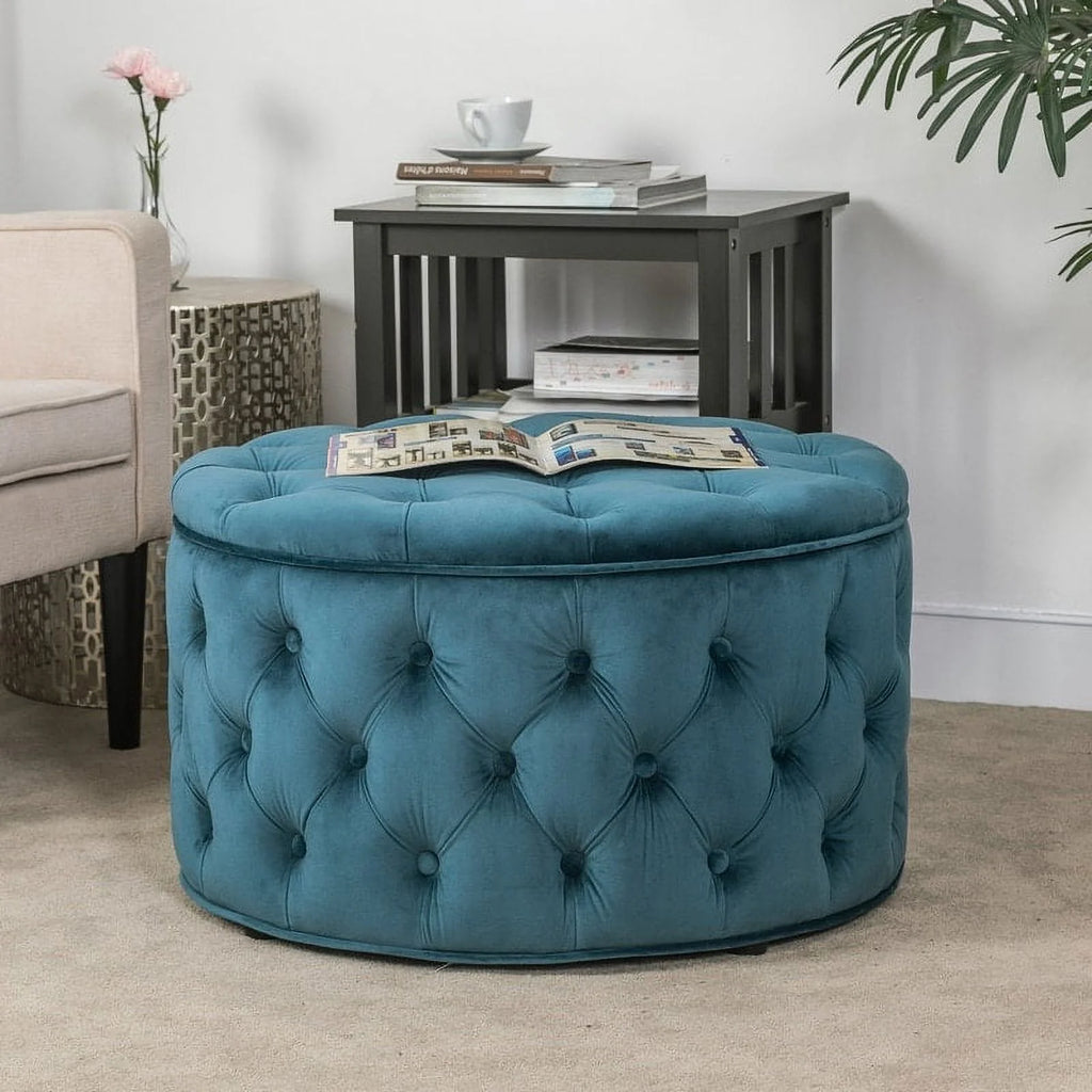 Round Storage Ottoman Linen Fabric D40579