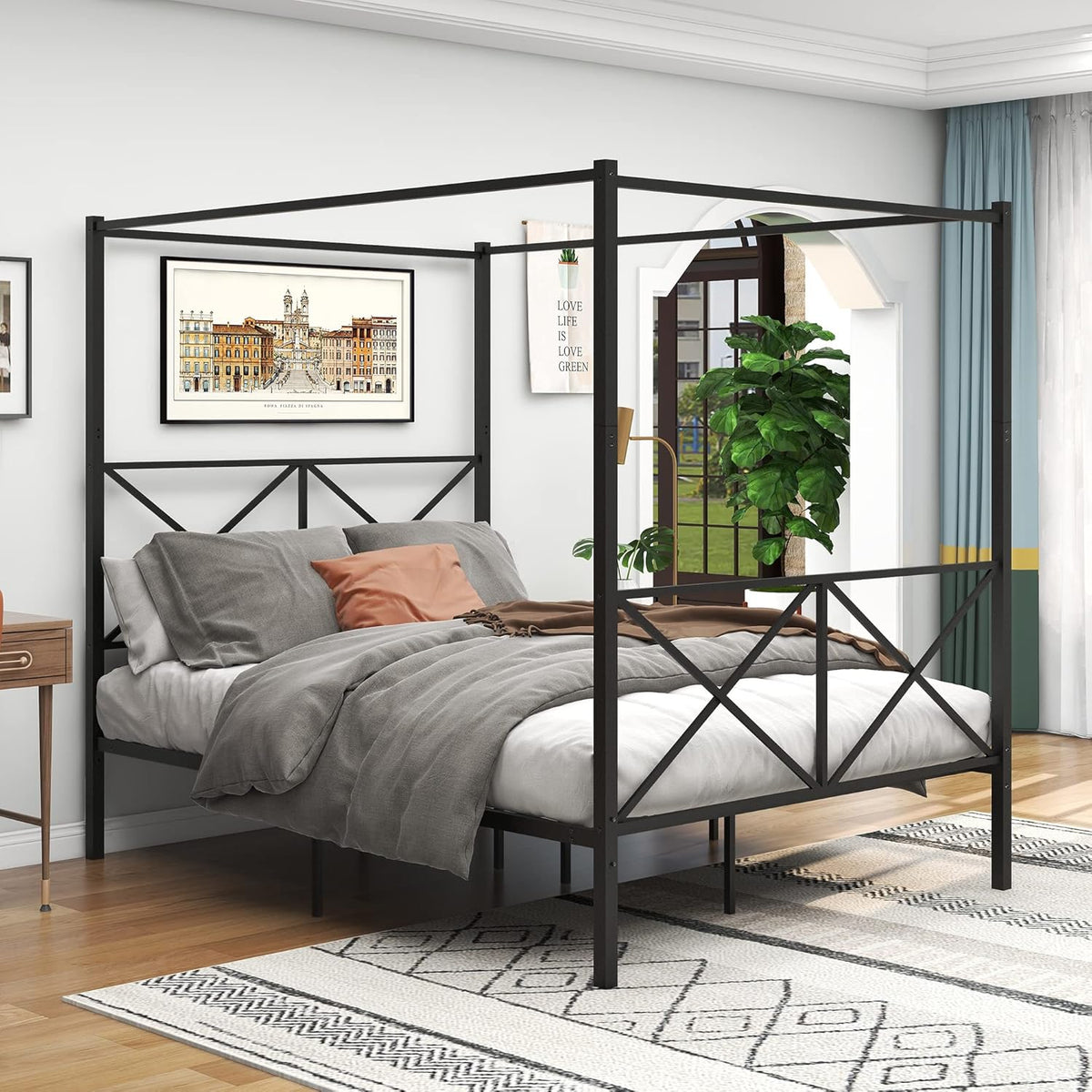 Queen Size Metal Canopy Bed with Headboard M2794