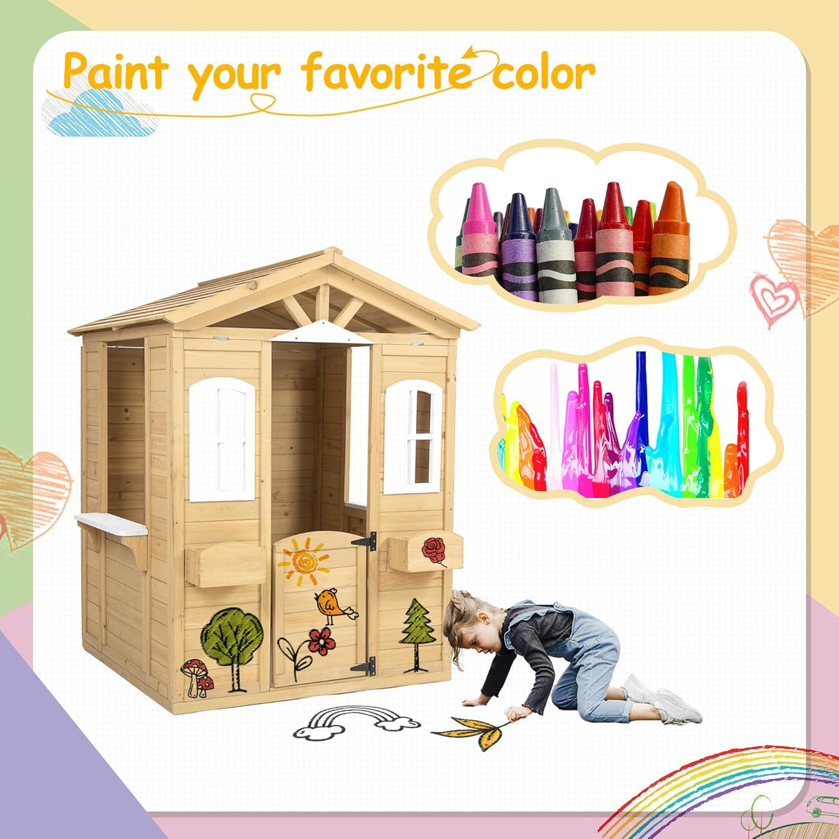 Wooden Playhouse with Door, Windows, Mailbox, Bench, Flowers Pot Holder, 39" x 38" x 55.5" Q183896