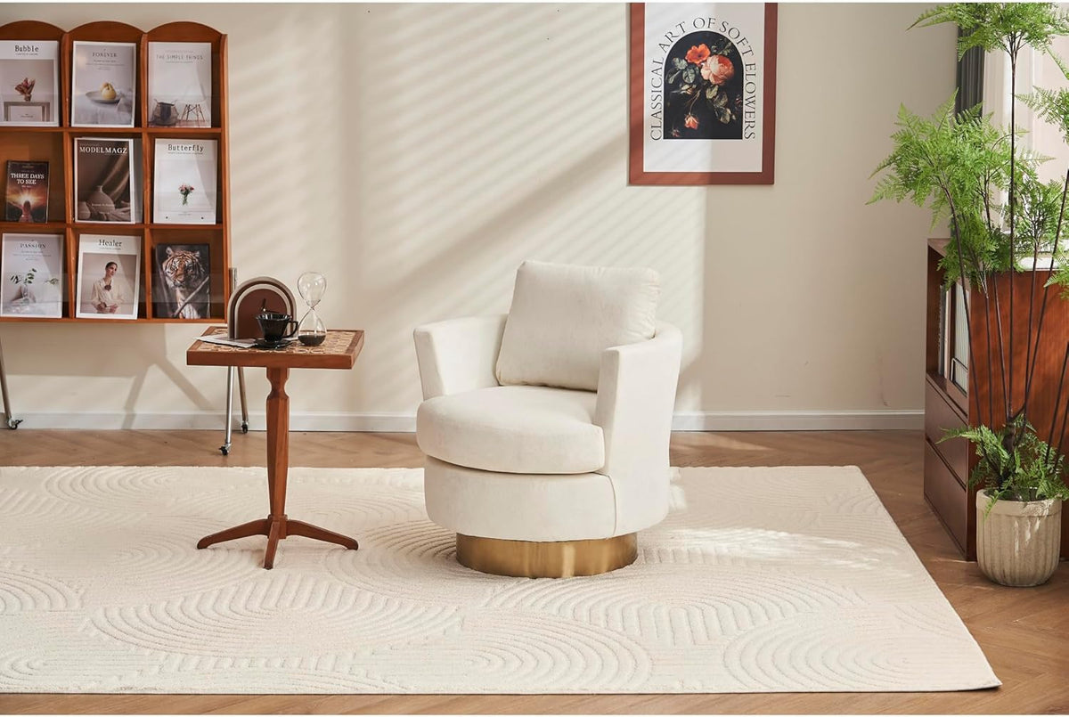 Beige Velvet Swivel Barrel Chair with Gold Stainless Steel Base Y20248
