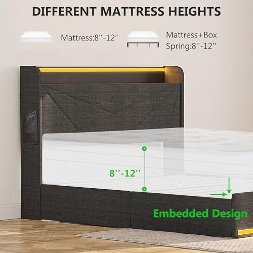 Queen Bed Frame with Storage Drawers and Charging Station, Upholstered Platform Bed Frame with LED Light and Type-C & USB Ports T832