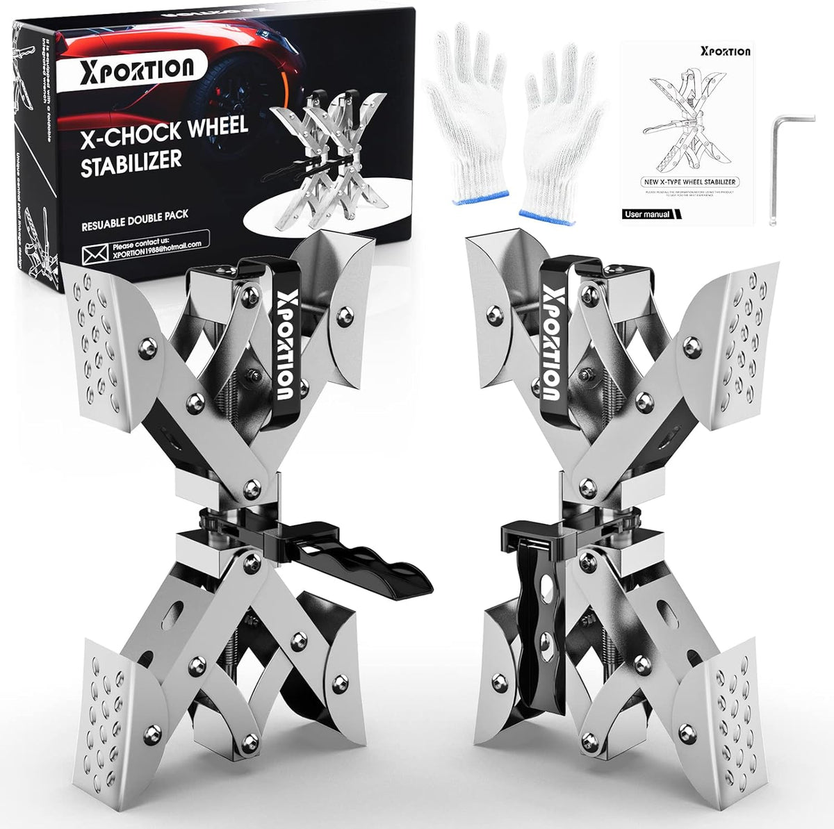 X-Shaped Wheel Stabilizer, RV Tire Stabilizers, Camper Wheel Chock Stabilizer, 2 Sets Wheel Chocks Stabilizer, RV Travel Trailer Tire Chalks Rust-Proof, Built-in Wrench (3“-10”) K920